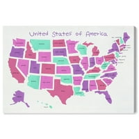 Wynwood Studio Education and Office Wall Art Canvas Prints 'USA Map 4' Educational Charts-Pink , Purple
