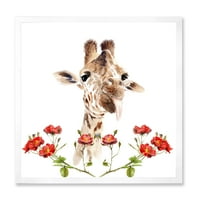 Portret žirafe dizajne sa crvenim cvjetovima I 'Farmhouse uokvirena umjetničkim otiskom