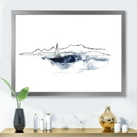 Designart 'minimalistički morski pejzaž s brodom i crnim planinama' Nautički i obalni uokvireni umjetnički Print