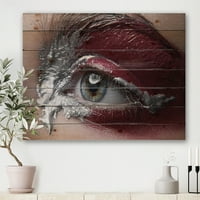 Designart 'Close Up of a Woman Eye with Red Makeup On' Modern Print on Natural Bor Wood