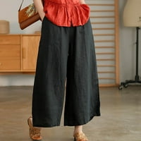 Pamučne lanene pantalone za žene Casual čvrste široke noge elastične visokog struka osnovne skraćene pantalone