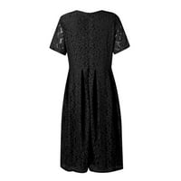 Crna ženska čipkasta haljina jednobojna kratka rukava sa V-izrezom sa pojasom velika ljuljačka sa patentnim