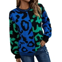 PBNBP ženski novi leopard tisak s dugim rukavima za spajanje pletena pulover okrugli vrat džemper vrhovi