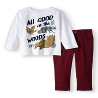Grafička majica sa dugim rukavima za djecu Garanimals i hlače od Kepera s ravnim nogama, komplet odjeće