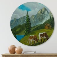 Designart 'krave na zelenoj livadi sa planinskim pejzažom sa' seoskom kućom krug metalni zid Art-disk