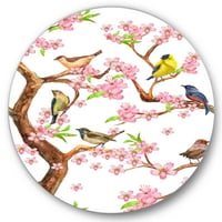 Designart' Colorful little Birds On Spring Flowers Tree ' tradicionalni krug metalni zid Art-disk od 29