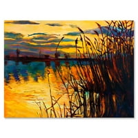 Designart 'Yellow Evening Glow Through The High Grass By The Lake' Nautical & Coastal Canvas Wall Art
