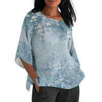HHEI_K Ljetni vrhovi Žene Ljeto pamučno posteljina labava fit bluza s rukavima retro ispis majica