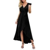 Ležerne haljine za žene labave kratke rukave do gležnja duboki V-izrez čvrsti Datum a-Line haljina crna