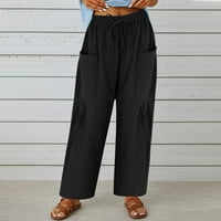 Ženske džepove visokog struka elastične struke Čvrsto labave hlače Ležerne prilike za duge pantalone Black