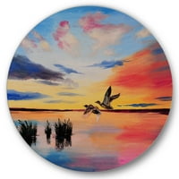 Designart 'crane Birds Flying During Colorful Sunset' Nautical & Coastal Circle Metal Wall Art-disk of