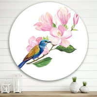 Designart 'Plava ptica sjedi na ružičastoj magnoliji' tradicionalni krug metalni zid Art-disk od 36