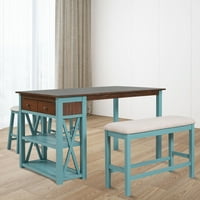 Seoska drveta 4-komadna tablica gornje visine, sa ostavom i ladicama, kuhinjskim stolom, sa stolicama i klupama, orah + plavi stol: 59.6x36x