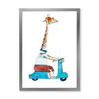 Dizajnerska žirafa obučena nošenje kaciga i jahanje plave skutera 'Dječja umjetnost Umjetni otisak