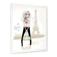 Designart 'Slatka djevojka na turneji Pariz Eiffelov toranj' Dječija Umjetnost uokvirena umjetnička štampa
